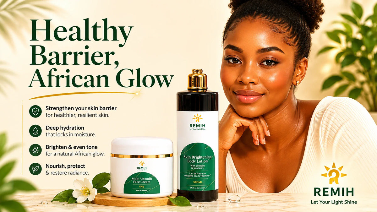 Cross-section diagram of healthy skin barrier for melanin-rich African skin, educational visual for Remih skincare guide