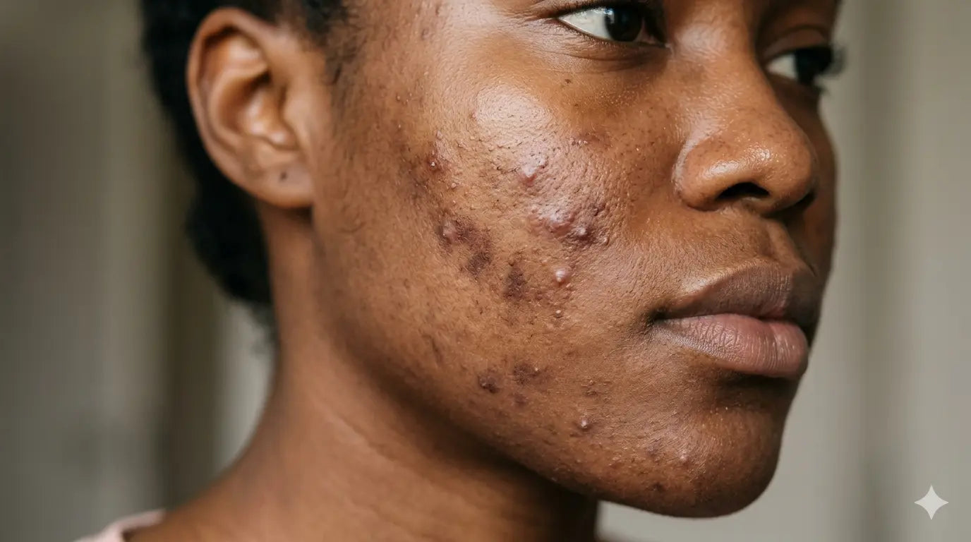 African woman with clear glowing skin after healing acne gently with REMIH skincare routine