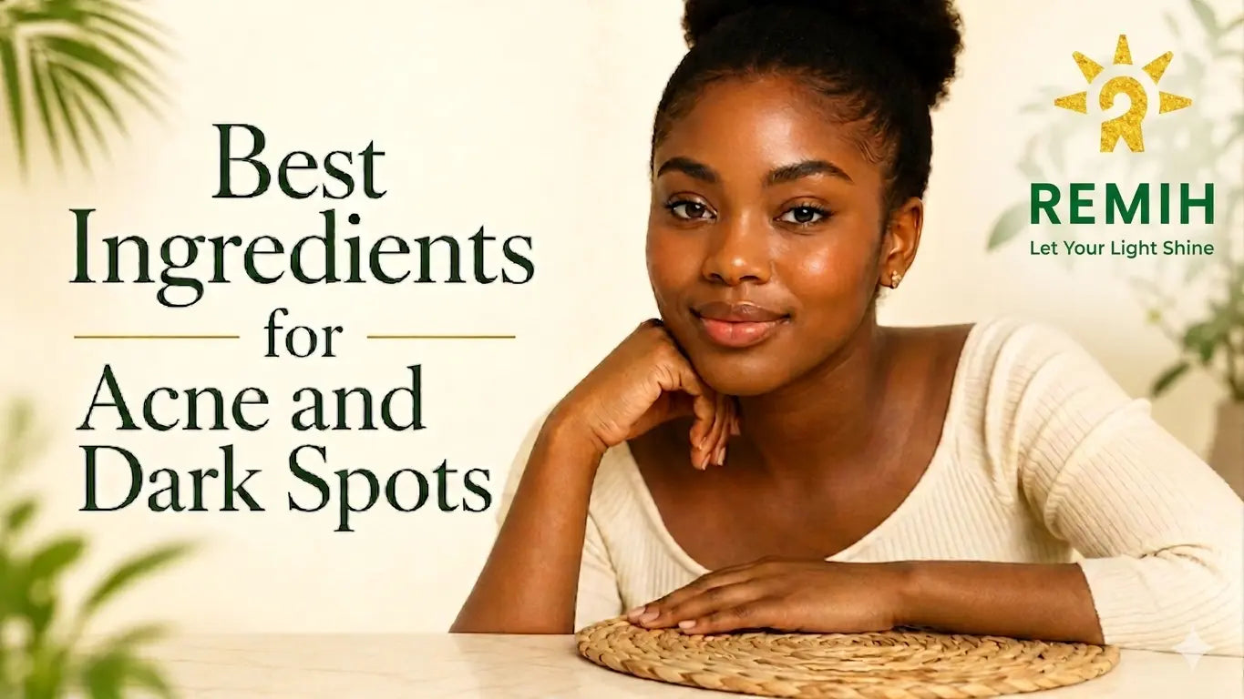 Science-backed ingredients for acne and dark spots on African skin, featuring Remih skincare products for melanin-rich skin.