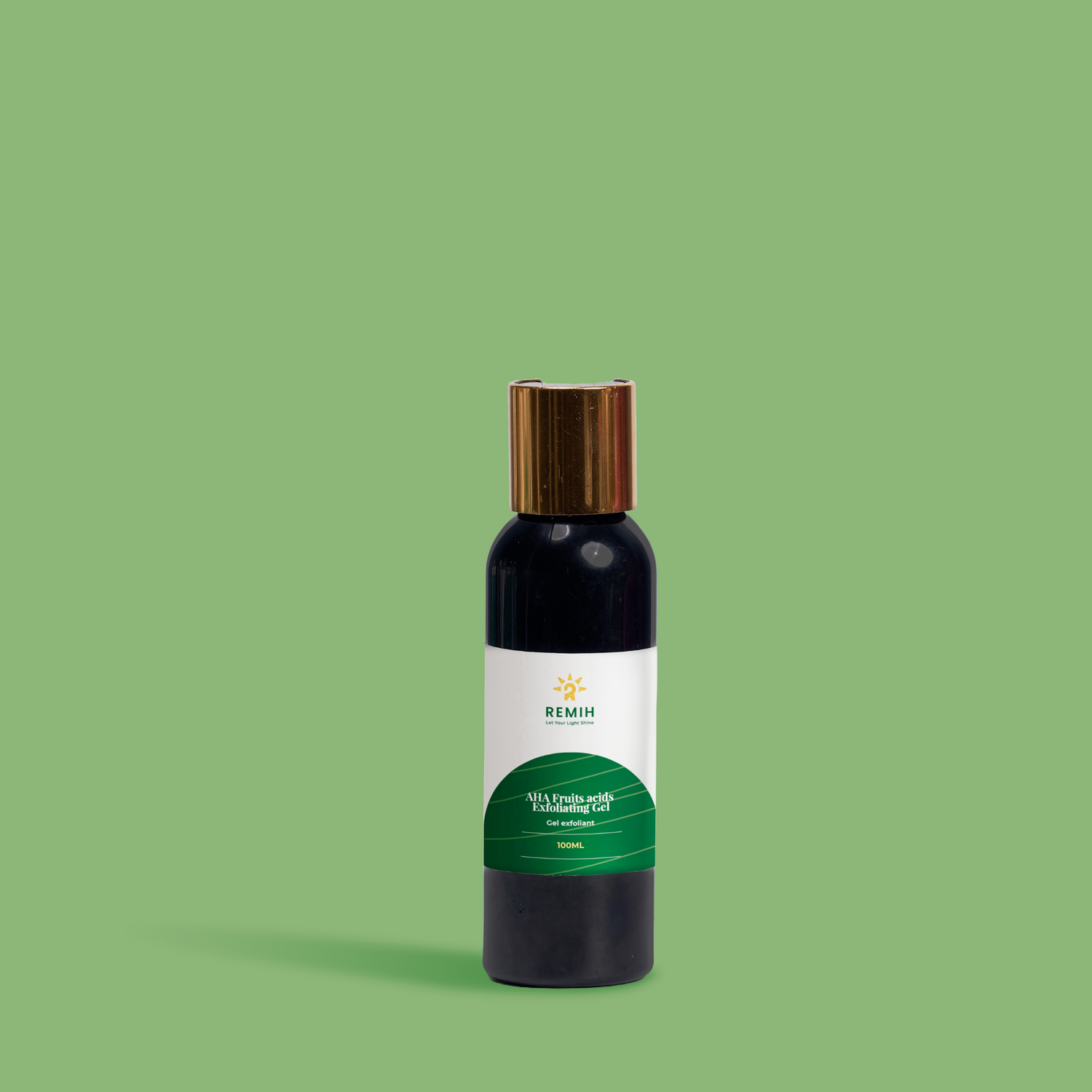 a bottle of remih exfoliant product image on lemon green background