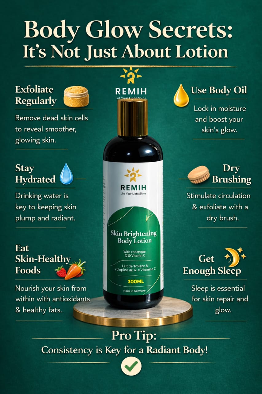 REMIH skin brightening body lotion with tips on skincare routine on a green background